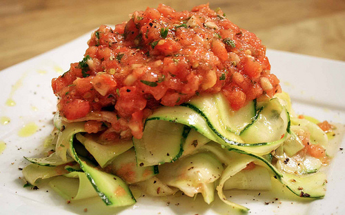 raw pasta with pesto